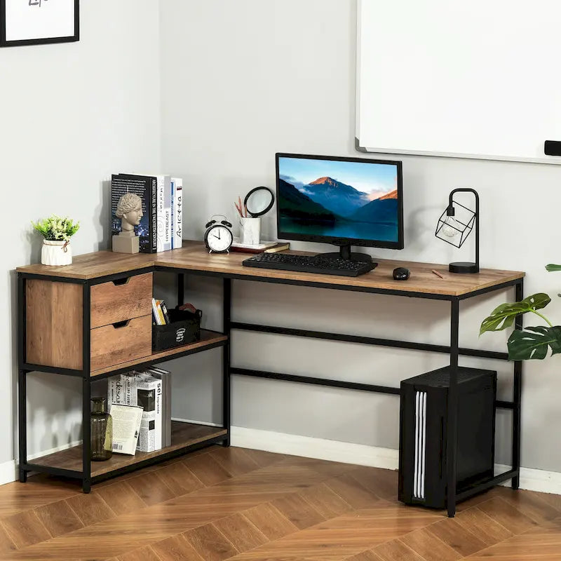 HOMCOM Bureau d'angle avec étagère de rangement et tiroir, marron