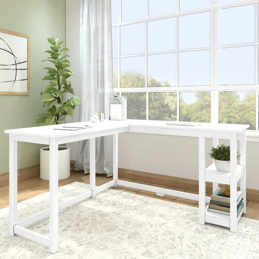 Bureau d'angle avec étagères style planche et poutre