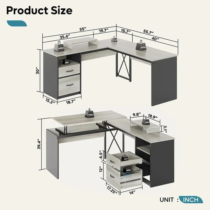55.7 Bureau d'angle relevable en L avec tiroirs et support d'écran
