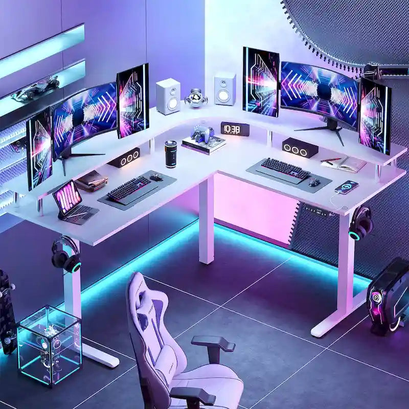 Bureau de jeu en forme de L de 63 po avec hauteur réglable, support de moniteur ergonomique, bureau d'angle