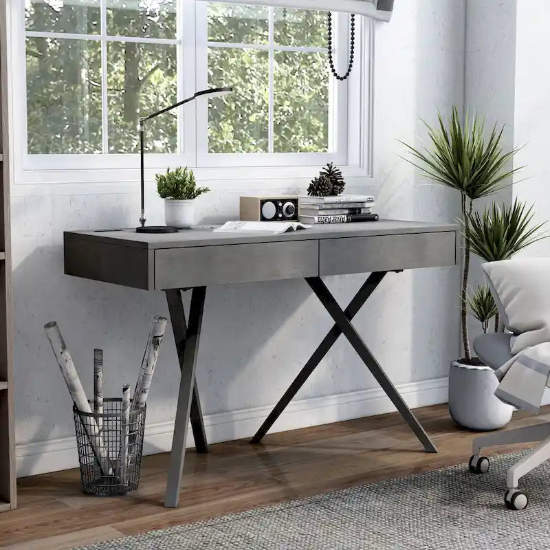 Bureau Foli Transitional de 47 po en bois avec 2 tiroirs, ports USB et prises électriques par Furniture of America