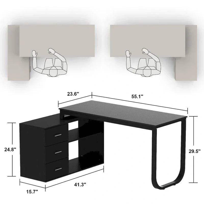 Bureau d'ordinateur d'angle en L Timechee 55 pouces avec tiroirs