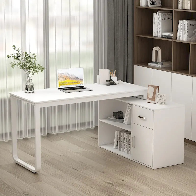Bureau d'ordinateur d'angle Timechee de 55 pouces avec tiroirs et armoire, blanc