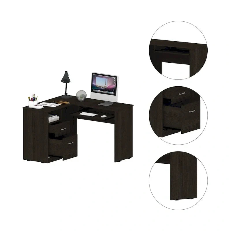 TUHOME Bureau d'angle Mix avec étagères ouvertes, 2 tiroirs et tablette clavier escamotable