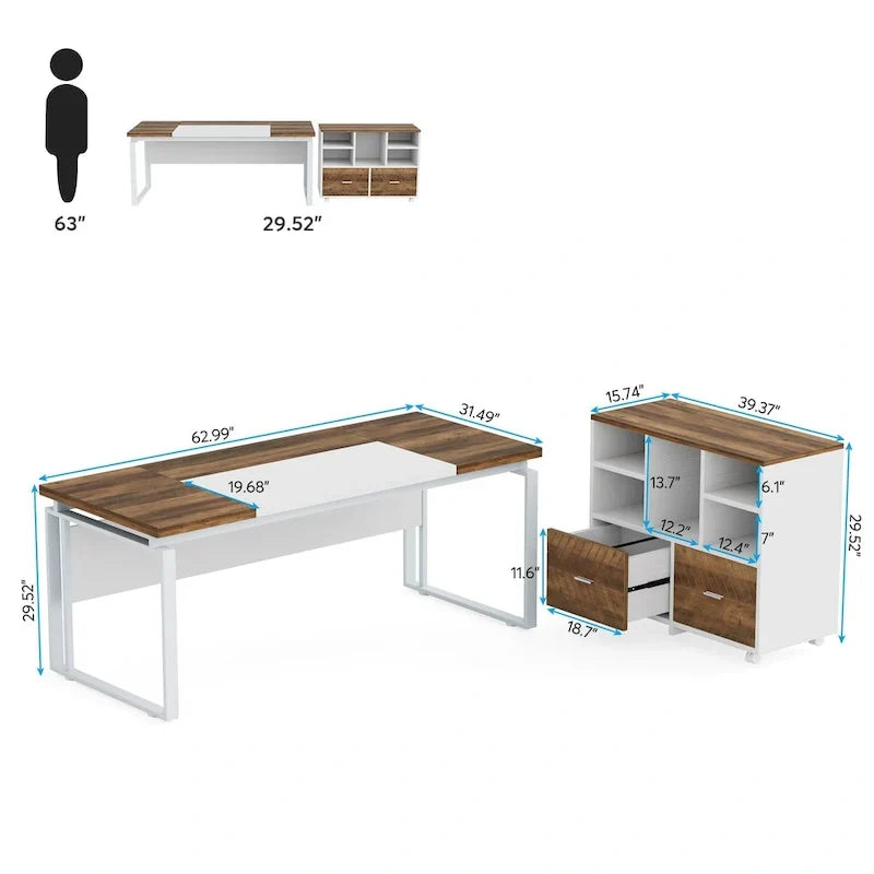 Bureau d'ordinateur en L de 63 pouces, bureaux de direction avec classeur réversible et tiroirs de rangement pour le bureau à domicile