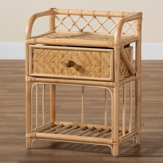 Table de chevet Kobie moderne bohème en rotin naturel marron à 1 tiroir
