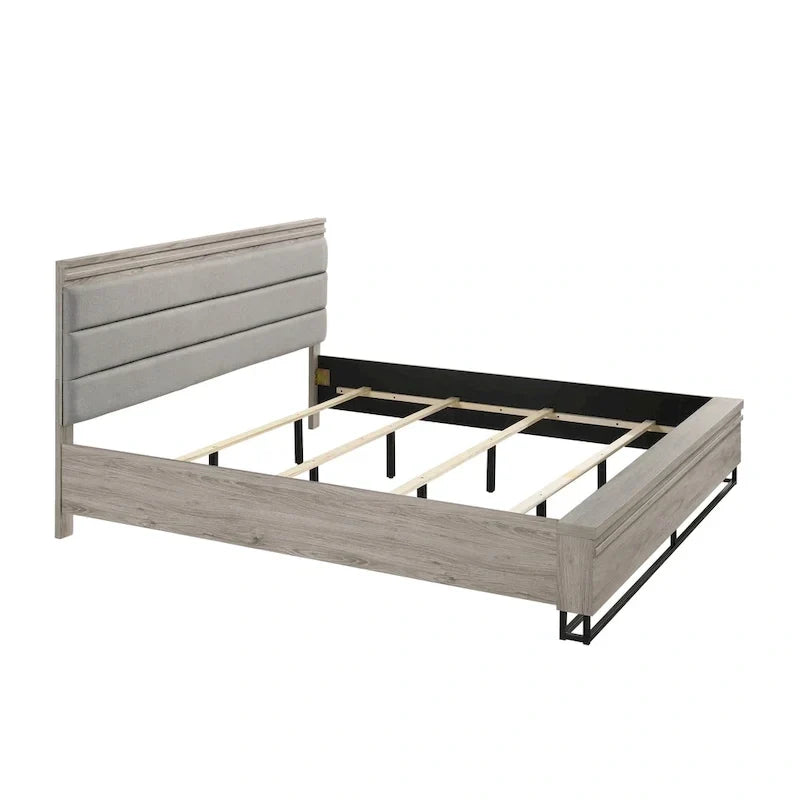 Lit mural capitonné en bois Alvear de Roundhill Furniture avec lumières LED blanches, 2 tables de chevet, gris patiné
