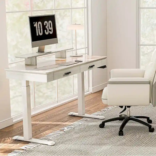 Eureka Ergonomic Bureau debout 55 Slate Stone Bureau de Direction avec 2 Tiroirs et Support Moniteur