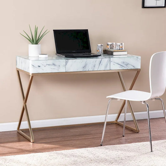 SEI Furniture Kewen – Bureau en pierre blanche, style glamour