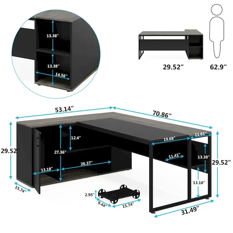 Bureau d'ordinateur d'angle en forme de L de 180 cm avec armoire