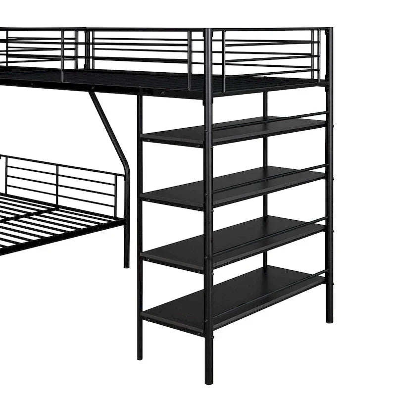 Lit superposé en métal en L, lit double et lit mezzanine avec quatre étagères intégrées, noir