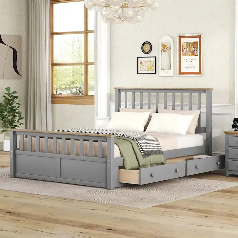 Lit plateforme Queen en bois avec deux tiroirs et lattes de bois, gris+naturel
