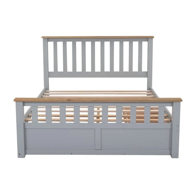 Lit plateforme Queen en bois avec deux tiroirs et lattes de bois, gris+naturel