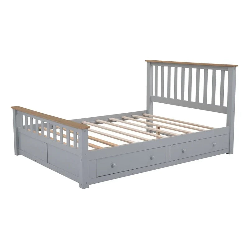 Lit plateforme Queen en bois avec deux tiroirs et lattes de bois, gris+naturel