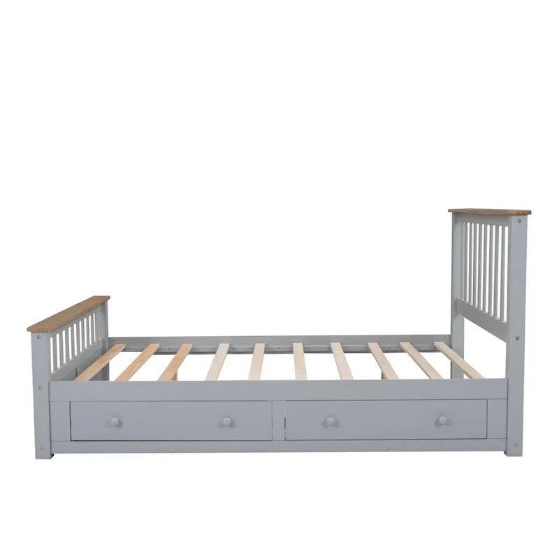 Lit plateforme Queen en bois avec deux tiroirs et lattes de bois, gris+naturel