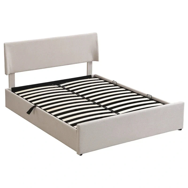 Lit traîneau Queen Size avec système de rangement hydraulique inclinable latéralement, revêtement en lin, beige