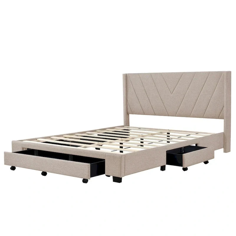 Lit traîneau Queen Size avec système de rangement hydraulique inclinable latéralement, revêtement en lin, beige