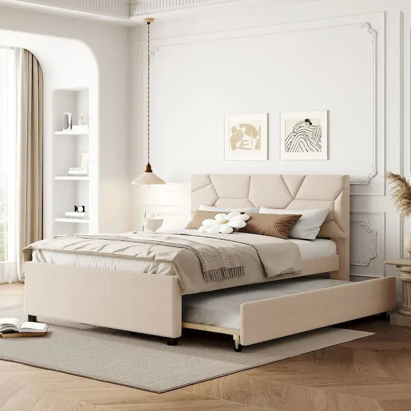 Lit plateforme rembourré pleine grandeur avec tête de lit motif brique et lit gigogne double, tissu de lin, beige