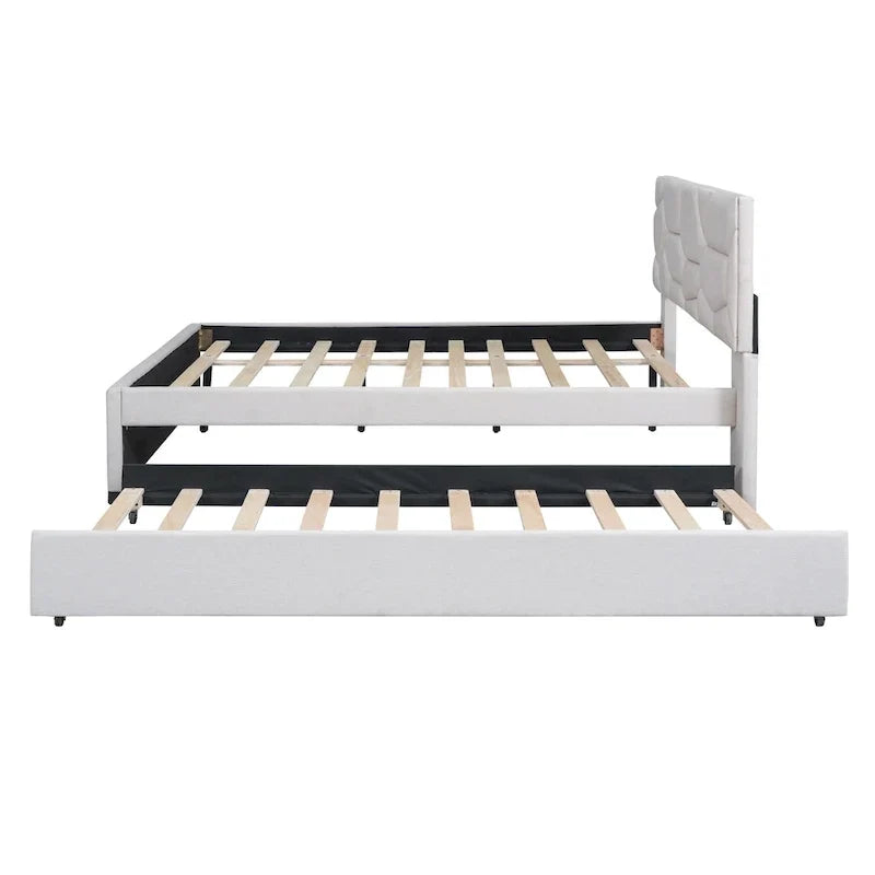 Lit plateforme rembourré pleine grandeur avec tête de lit motif brique et lit gigogne double, tissu de lin, beige