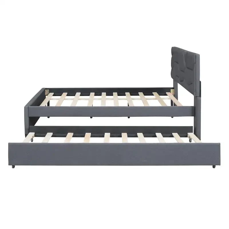Lit plateforme rembourré pleine grandeur avec tête de lit motif brique et lit gigogne double, tissu de lin, beige