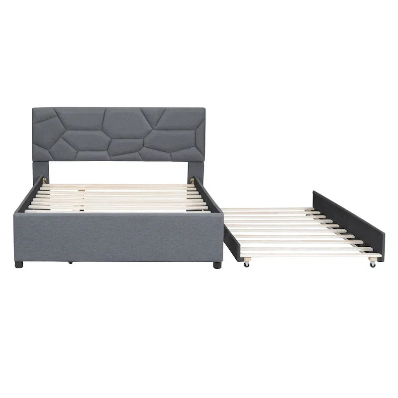 Lit plateforme rembourré pleine grandeur avec tête de lit motif brique et lit gigogne double, tissu de lin, beige