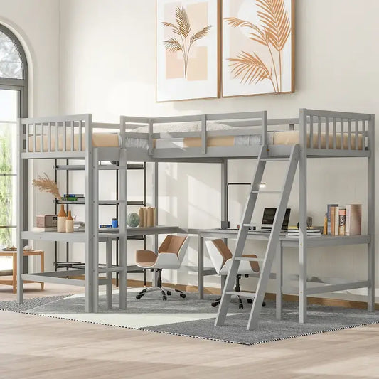 Lit mezzanine d'angle en bois, taille double, avec échelle et 2 bureaux d'angle intégrés, gris