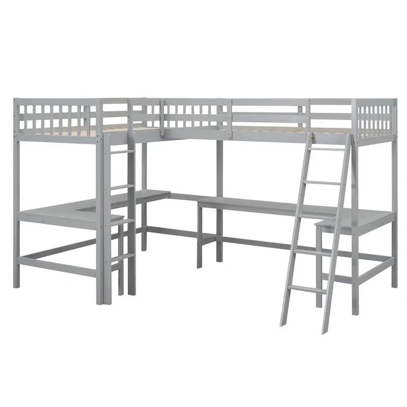 Lit mezzanine d'angle en bois, taille double, avec échelle et 2 bureaux d'angle intégrés, gris