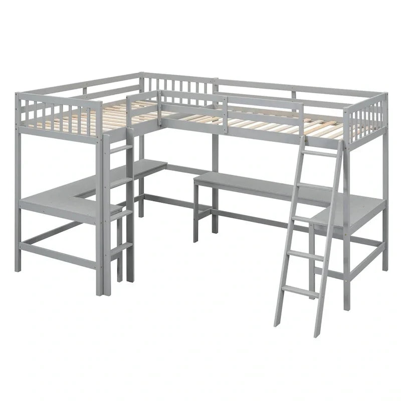 Lit mezzanine d'angle en bois, taille double, avec échelle et 2 bureaux d'angle intégrés, gris