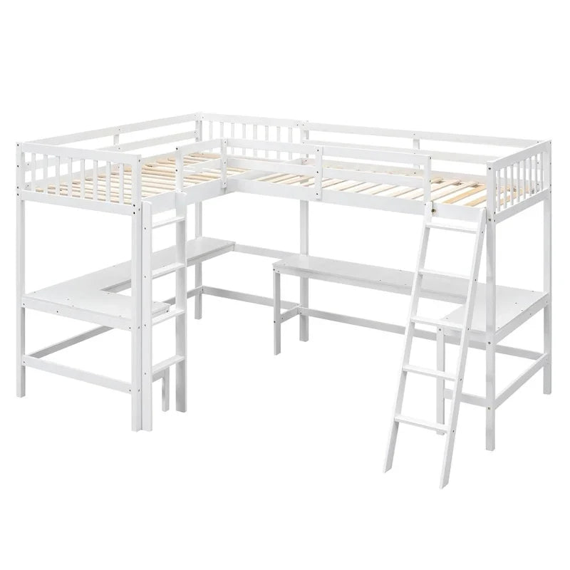Lit mezzanine d'angle en bois, taille double, avec échelle et 2 bureaux d'angle intégrés, gris