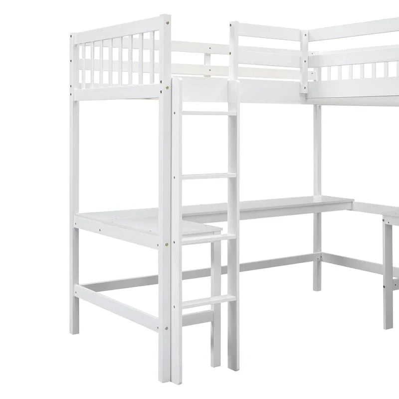 Lit mezzanine d'angle en bois, taille double, avec échelle et 2 bureaux d'angle intégrés, gris