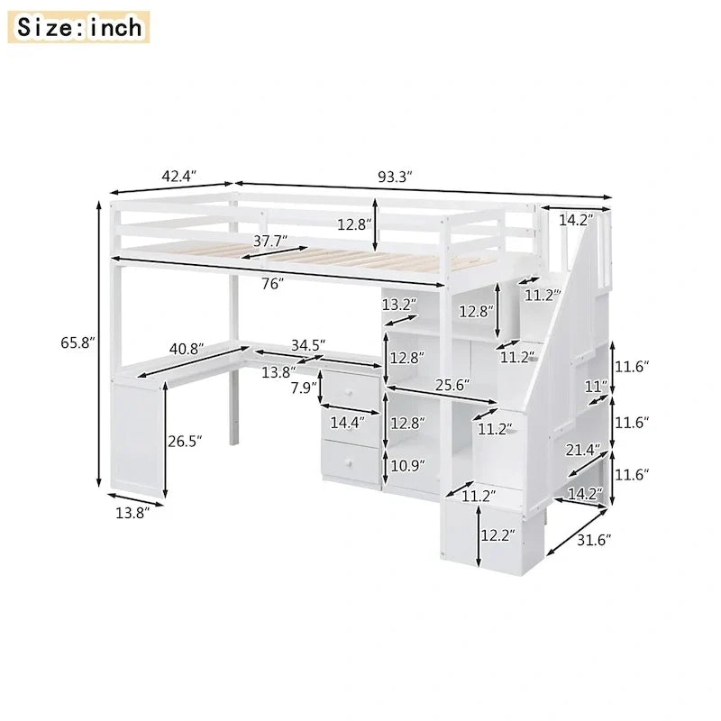 Lit mezzanine double avec bureau en L et tiroirs, armoire et escalier de rangement, gris