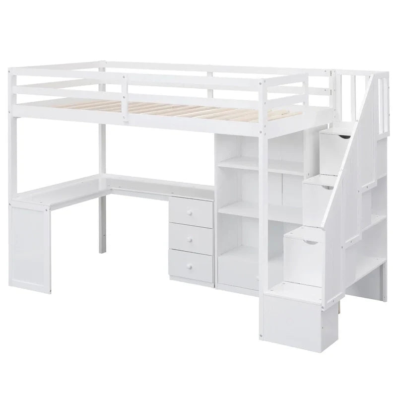 Lit mezzanine double avec bureau en L et tiroirs, armoire et escalier de rangement, gris