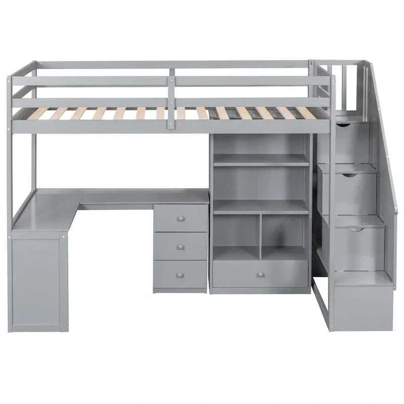 Lit mezzanine double avec bureau en L et tiroirs, armoire et escalier de rangement, gris