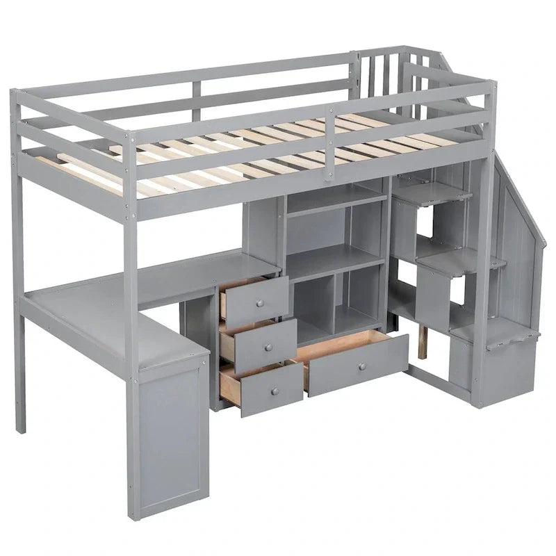 Lit mezzanine double avec bureau en L et tiroirs, armoire et escalier de rangement, gris