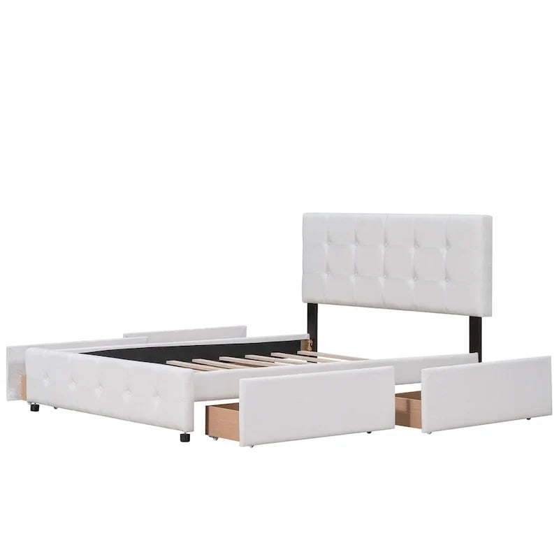Lit plateforme rembourré avec tête de lit classique et 4 tiroirs, aucun sommier tapissier requis, tissu en lin