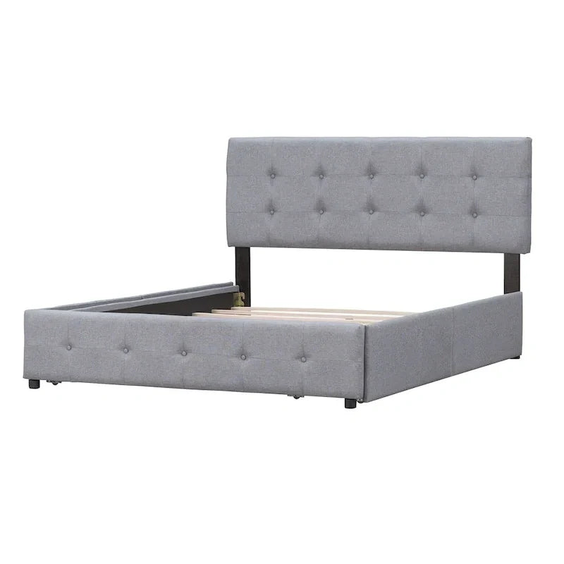 Lit plateforme rembourré avec tête de lit classique et 4 tiroirs, aucun sommier tapissier requis, tissu en lin