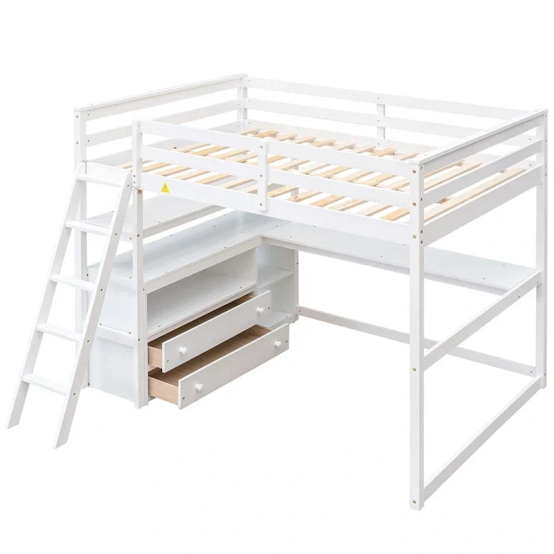 Lit mezzanine pleine grandeur avec bureau et étagères, deux tiroirs intégrés, gris