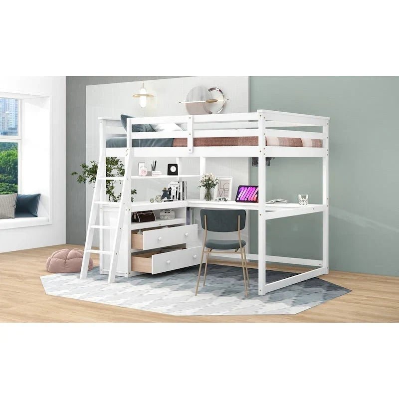 Lit mezzanine pleine grandeur avec bureau et étagères, deux tiroirs intégrés, gris