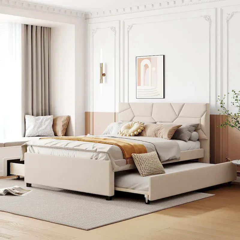 Lit plateforme rembourré double avec tête de lit motif brique, avec lit gigogne simple et 2 tiroirs, lin, beige