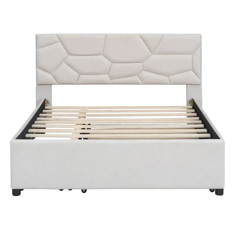 Lit plateforme rembourré double avec tête de lit motif brique, avec lit gigogne simple et 2 tiroirs, lin, beige