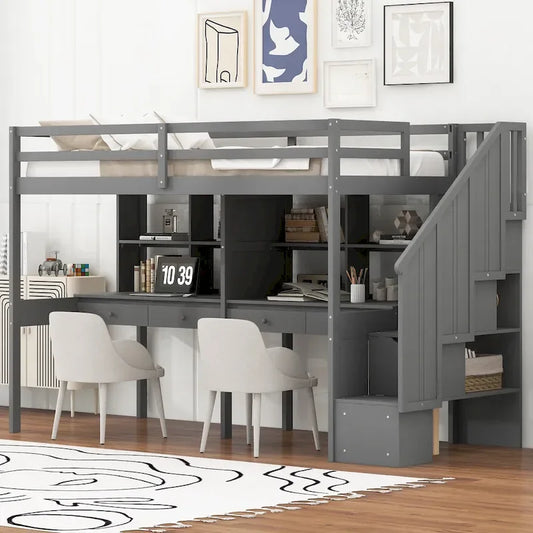 Cadre de lit mezzanine simple avec escalier de rangement, deux bureaux et étagères, gris