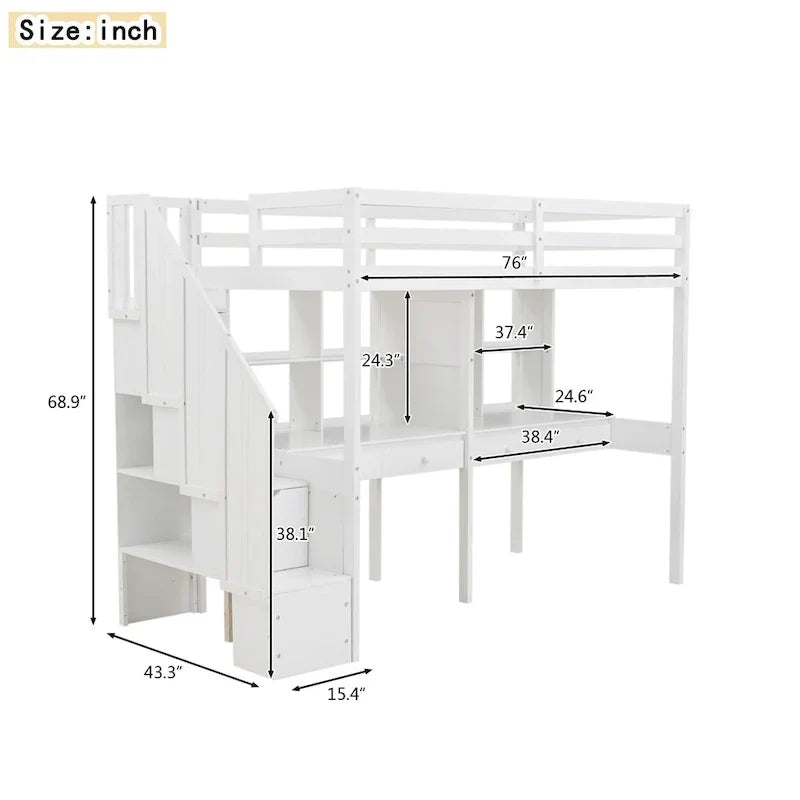 Cadre de lit mezzanine simple avec escalier de rangement, deux bureaux et étagères, gris