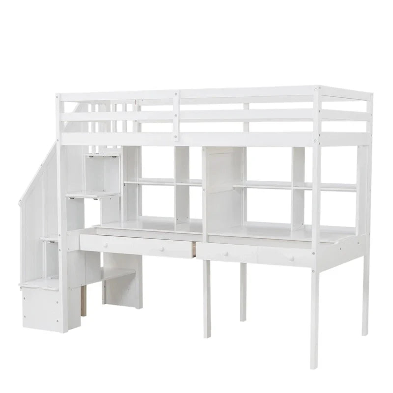 Cadre de lit mezzanine simple avec escalier de rangement, deux bureaux et étagères, gris