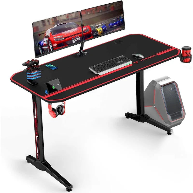 Bureau de jeu ergonomique BOSSIN en forme de T avec tapis de souris pleine surface, support de manette, porte-gobelet et crochet pour casque