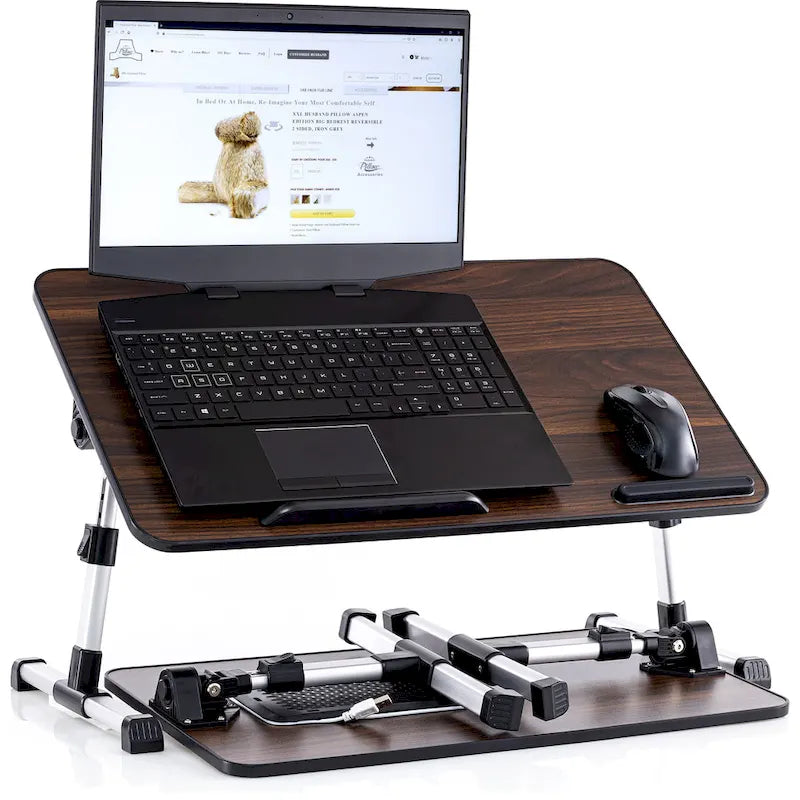 Oreiller de mari - Plateau de lit en bois petit - Convient aux ordinateurs portables jusqu'à 17 pouces - avec double coussin, fente multifonctionnelle pour tablette