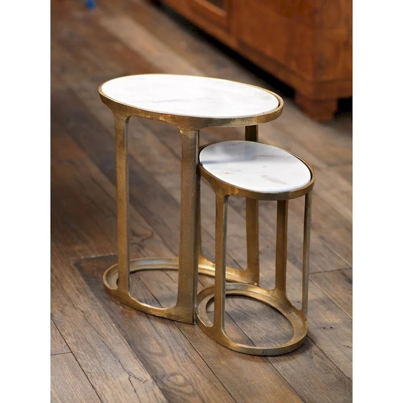 Tables gigognes ovales Zodax Nikki en marbre et aluminium brut, lot de 2