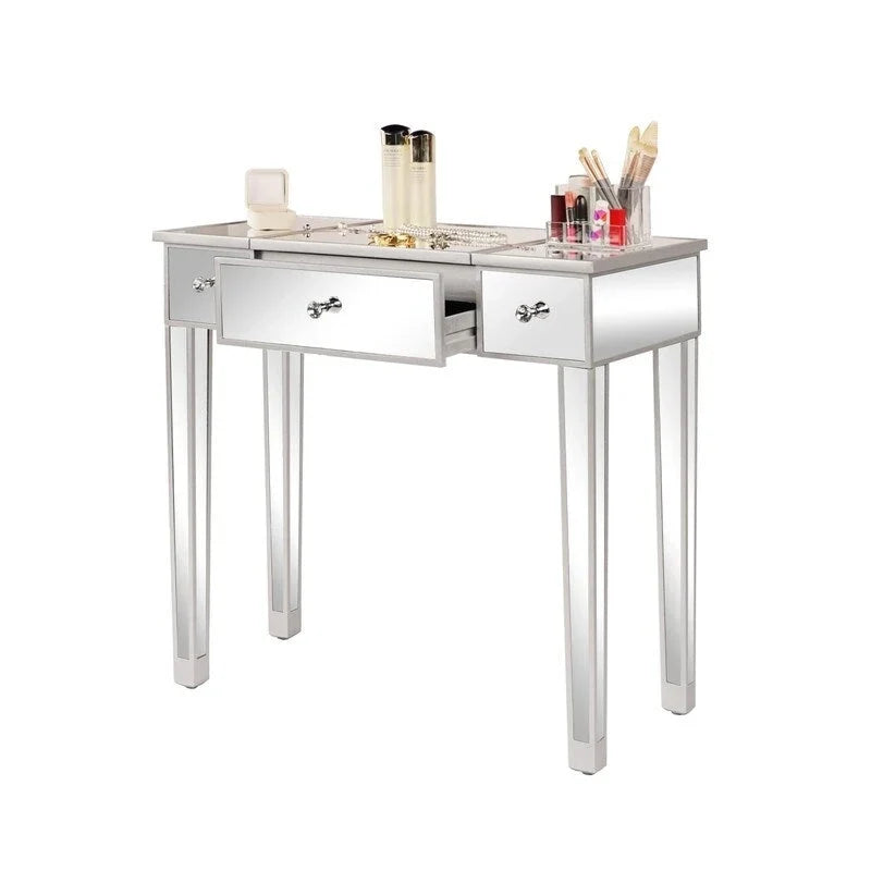 Bureau console coiffeuse à plateau relevable et 1 tiroir, finition miroir argentée