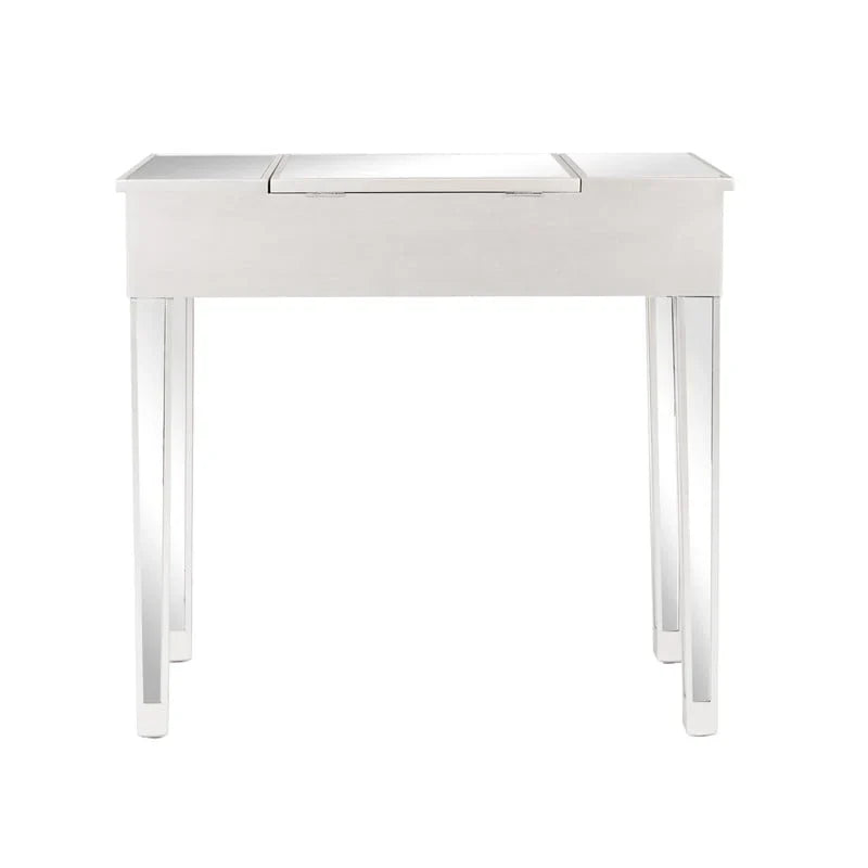 Bureau console coiffeuse à plateau relevable et 1 tiroir, finition miroir argentée