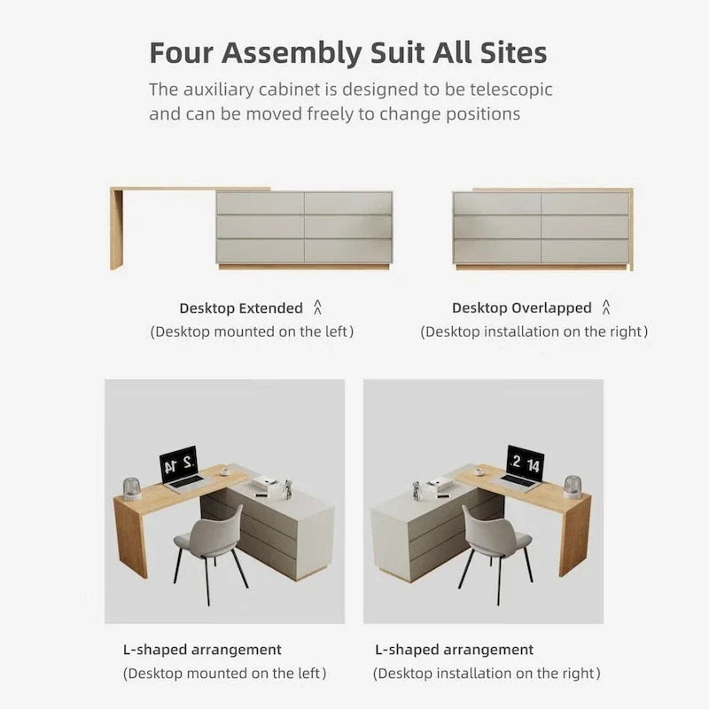 Bureau d'angle blanc de 140,2 cm avec 6 tiroirs de rangement