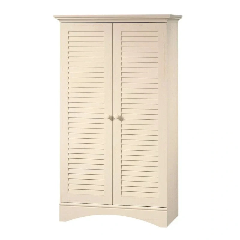 Armoire de rangement vintage en bois blanc vieilli avec portes à persiennes - 35,4 L x 16,8 P x 61 H